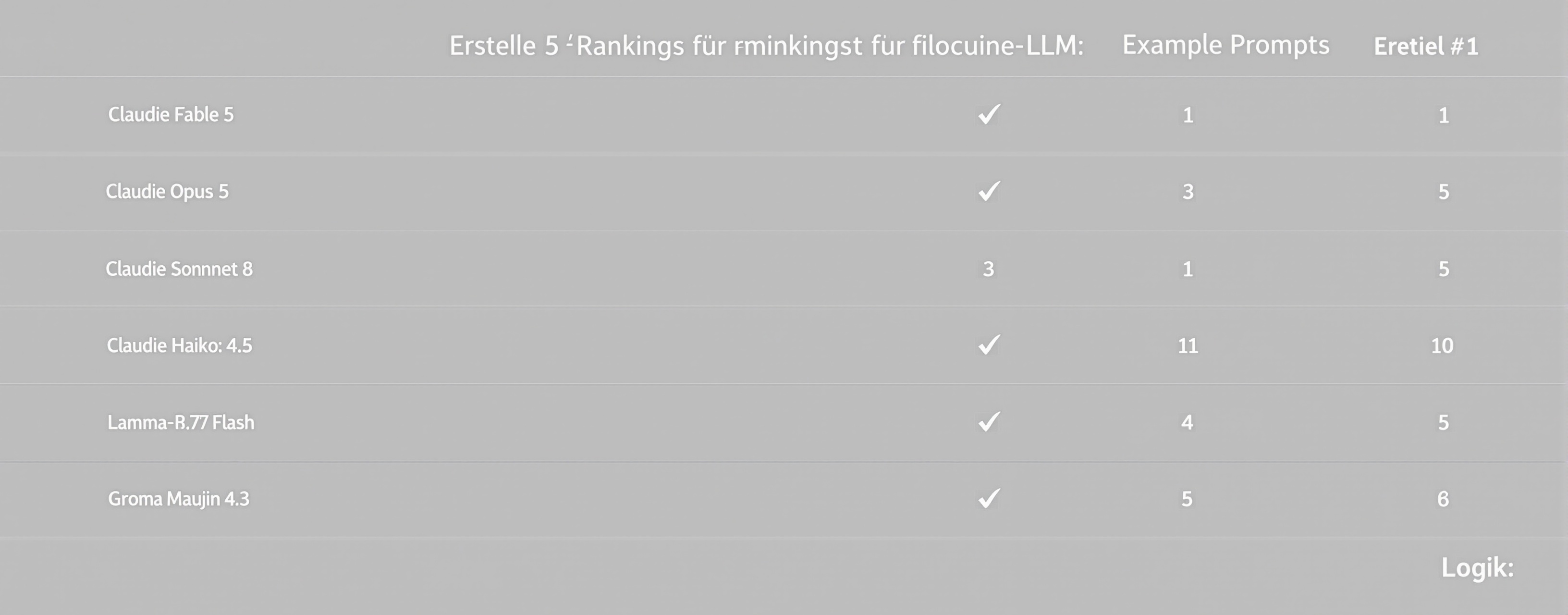 Erstelle 5 Rankings für folgende LLM: Claude Fable 5, Claude ...